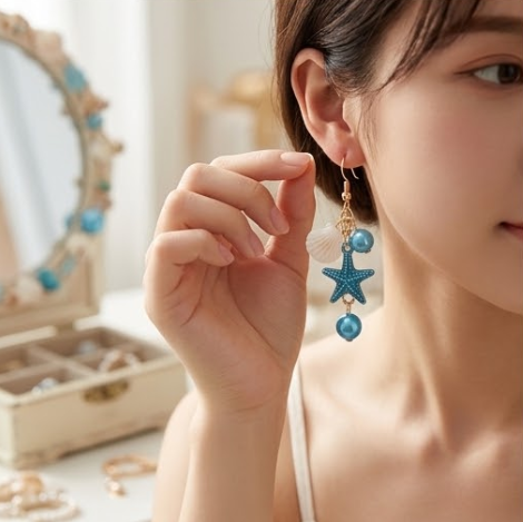 Coastal Seashell & Starfish Blue Pearl Cluster Dangle Earrings
