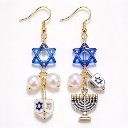 Mismatched Hanukkah Star of David & Menorah Dreidel Dangle Earrings
