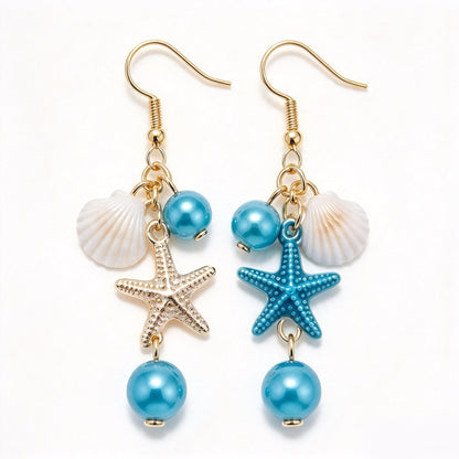 Coastal Seashell & Starfish Blue Pearl Cluster Dangle Earrings