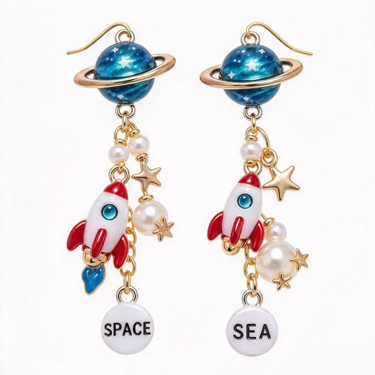 Cosmic Planet & Space Rocket Galaxy Cluster Dangle Earrings