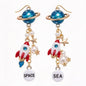 Cosmic Planet & Space Rocket Galaxy Cluster Dangle Earrings