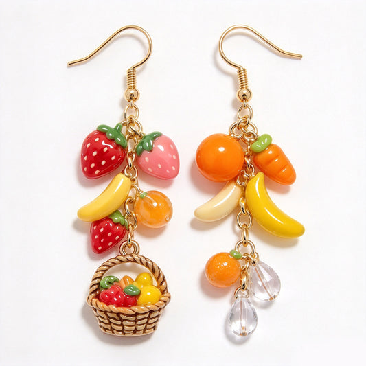 Mismatched Fruit Basket & Harvest Produce Cluster Dangle Earrings