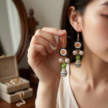 Japanese Sushi Roll & Condiment Bottle Mismatched Dangle Earrings