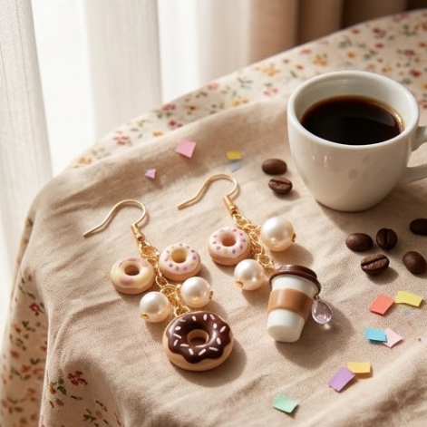 Mismatched Frosted Donut & Takeout Coffee Cup Dangle Earrings