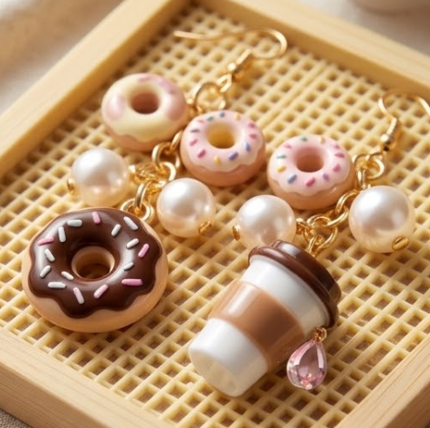 Mismatched Frosted Donut & Takeout Coffee Cup Dangle Earrings