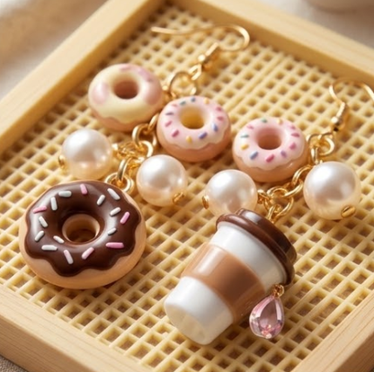 Mismatched Frosted Donut & Takeout Coffee Cup Dangle Earrings