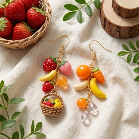 Mismatched Fruit Basket & Harvest Produce Cluster Dangle Earrings