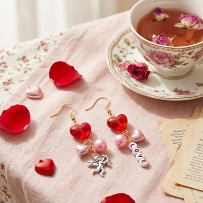 Mismatched Cupid Angel & LOVE Letter Heart Dangle Earrings