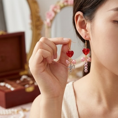 Mismatched Cupid Angel & LOVE Letter Heart Dangle Earrings