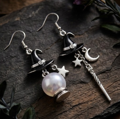 Mismatched Witch Hat, Crystal Ball & Magic Wand Dangle Earrings