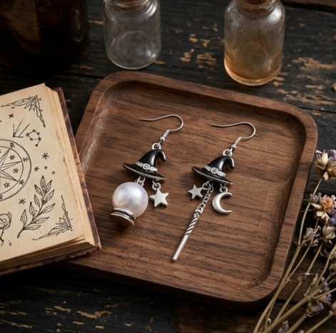 Mismatched Witch Hat, Crystal Ball & Magic Wand Dangle Earrings