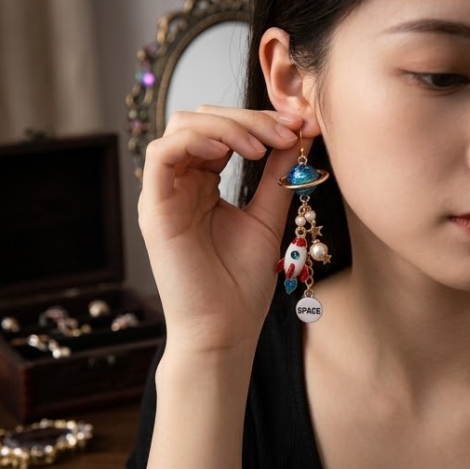 Cosmic Planet & Space Rocket Galaxy Cluster Dangle Earrings