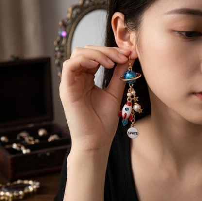 Cosmic Planet & Space Rocket Galaxy Cluster Dangle Earrings