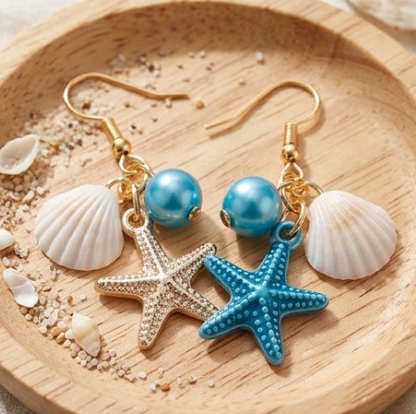 Coastal Seashell & Starfish Blue Pearl Cluster Dangle Earrings