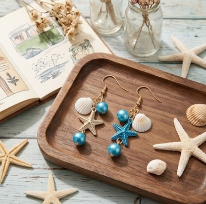 Coastal Seashell & Starfish Blue Pearl Cluster Dangle Earrings