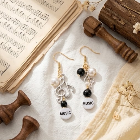 Treble Clef & Musical Note Typographic Pearl Cluster Dangle Earrings