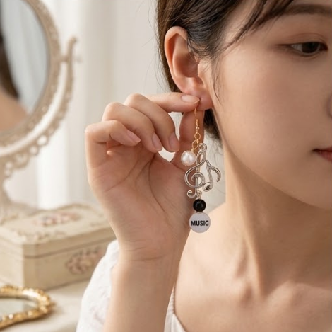 Treble Clef & Musical Note Typographic Pearl Cluster Dangle Earrings