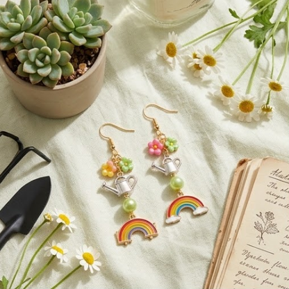 Spring Garden Watering Can & Rainbow Flower Cluster Dangle Earrings